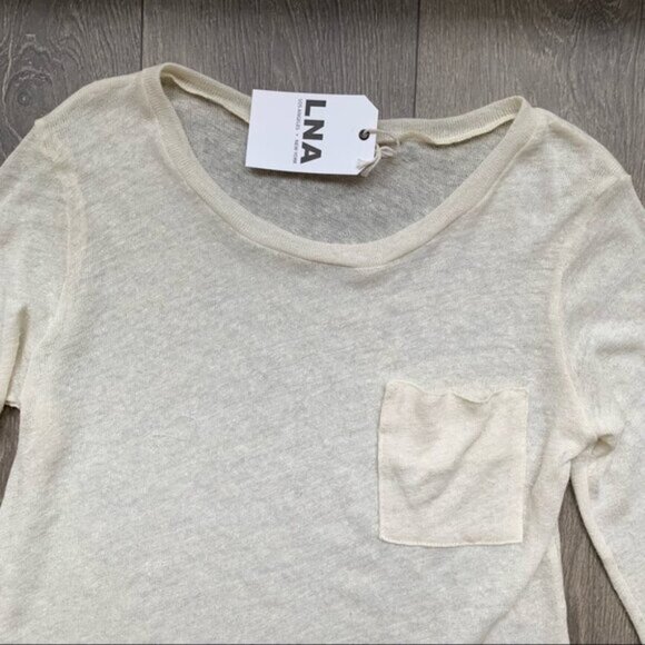 LNA Women's T-shirt Long Sleeve Torn Pocket Tee Top Linen Cream Ivory Small - Picture 4 of 13